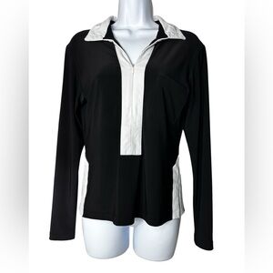Sympli Zip V Neck Top Short Sleeve Black White Trim Jersey Knit Size 10